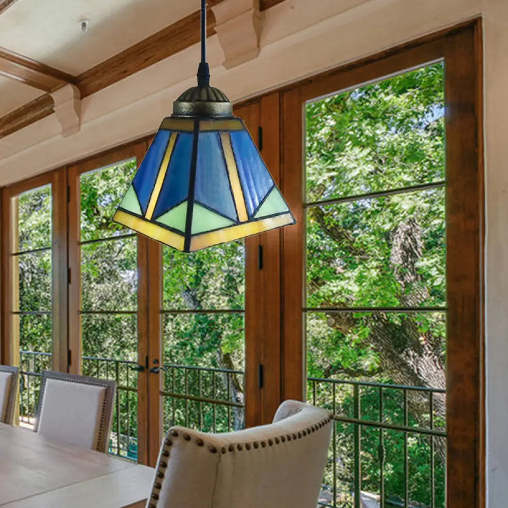 Tiffany Blue Pendant Light with Stained Glass Shade - Elegant Dining Room Ceiling Lighting