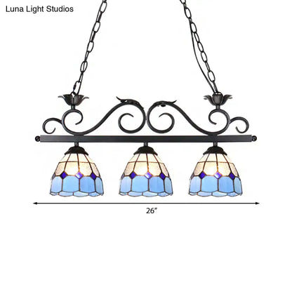 Blue stained glass Curved bird pendant light fixture with ornate black metal frame and chain by DecorBites