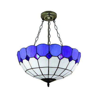 DecorBites™ DecorBites™ Tiffany Blue Stained Glass Bowl Ceiling Lamp - Cafe Lattice Inverted Mount Light (12"/18" W)