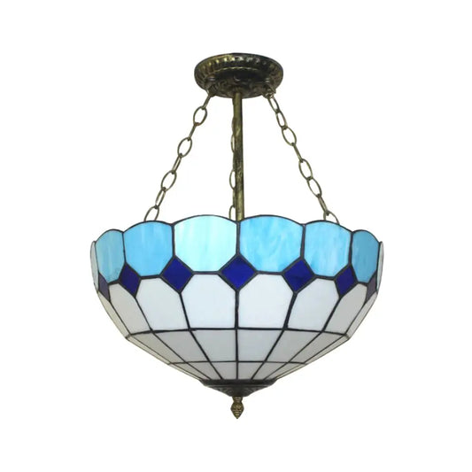 DecorBites™ DecorBites™ Tiffany Blue Stained Glass Bowl Ceiling Lamp - Cafe Lattice Inverted Mount Light (12"/18" W)