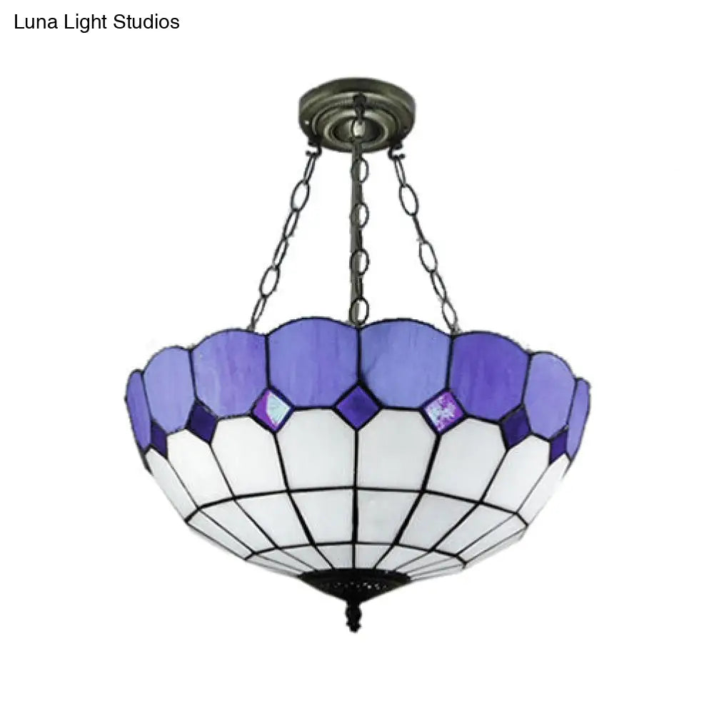 DecorBites™ DecorBites™ Tiffany Blue Stained Glass Bowl Ceiling Lamp - Cafe Lattice Inverted Mount Light (12"/18" W)
