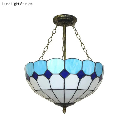 DecorBites™ DecorBites™ Tiffany Blue Stained Glass Bowl Ceiling Lamp - Cafe Lattice Inverted Mount Light (12"/18" W)