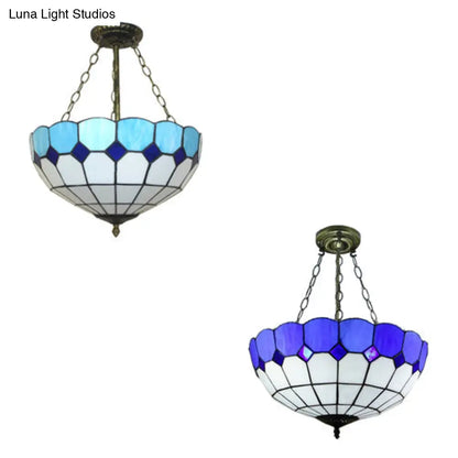 DecorBites™ DecorBites™ Tiffany Blue Stained Glass Bowl Ceiling Lamp - Cafe Lattice Inverted Mount Light (12"/18" W)