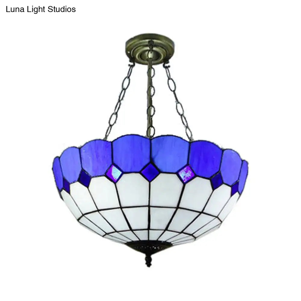 DecorBites™ DecorBites™ Tiffany Blue Stained Glass Bowl Ceiling Lamp - Cafe Lattice Inverted Mount Light (12"/18" W)
