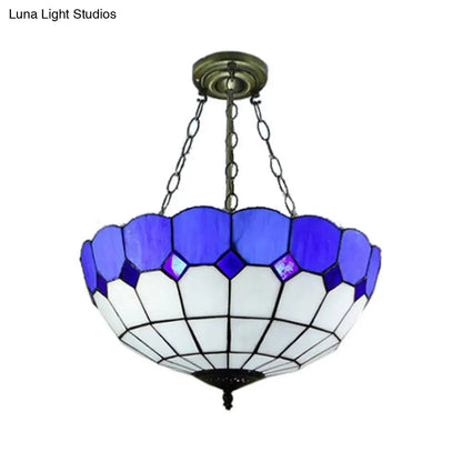 DecorBites™ DecorBites™ Tiffany Blue Stained Glass Bowl Ceiling Lamp - Cafe Lattice Inverted Mount Light (12"/18" W)
