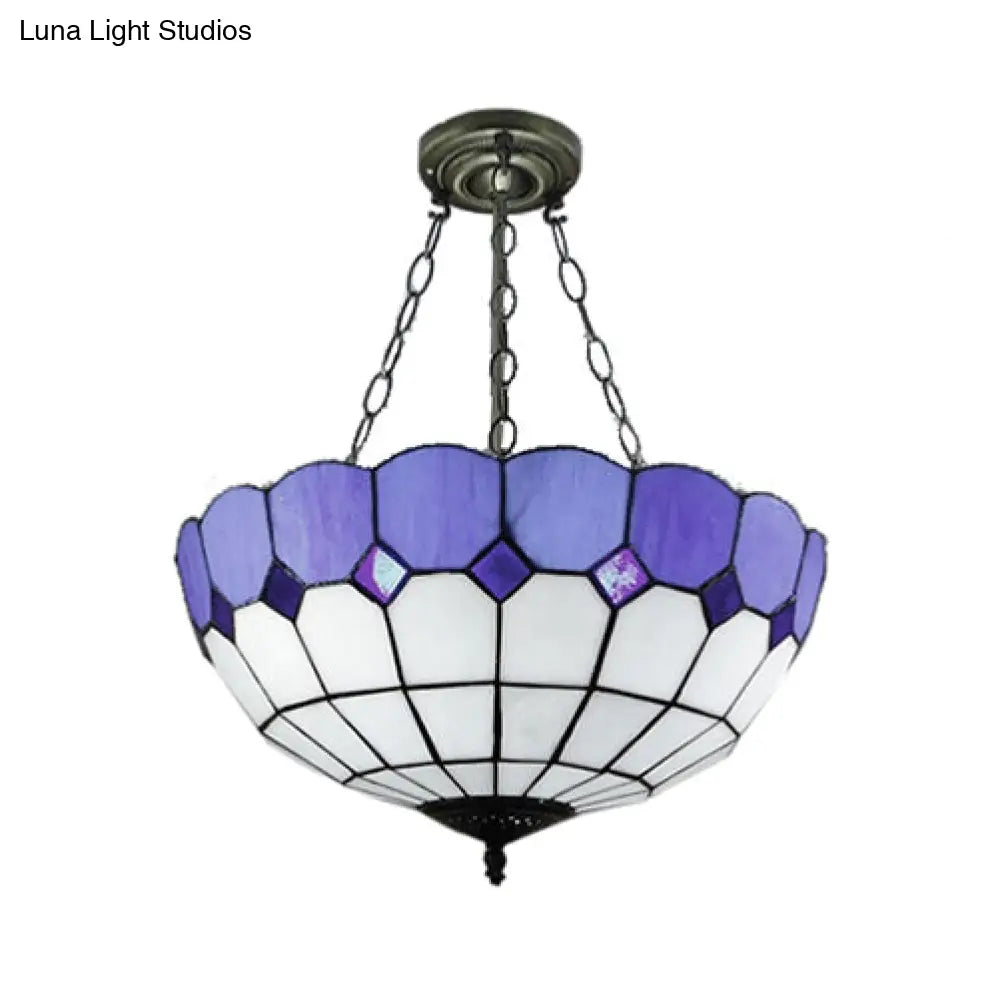 DecorBites™ DecorBites™ Tiffany Blue Stained Glass Bowl Ceiling Lamp - Cafe Lattice Inverted Mount Light (12"/18" W)