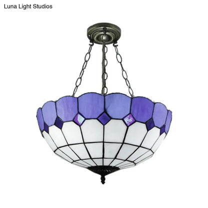 DecorBites™ DecorBites™ Tiffany Blue Stained Glass Bowl Ceiling Lamp - Cafe Lattice Inverted Mount Light (12"/18" W)