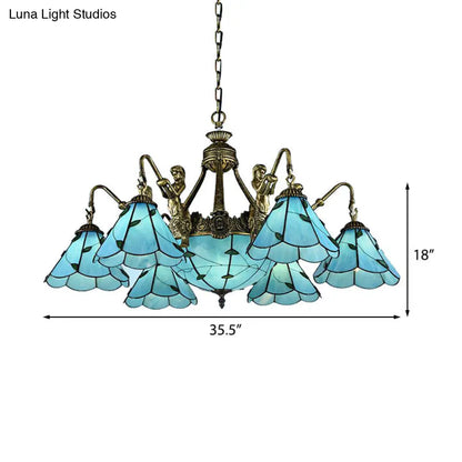 Tiffany Blue Stained Glass Chandelier - 9-Light Dining Room Ceiling Lamp