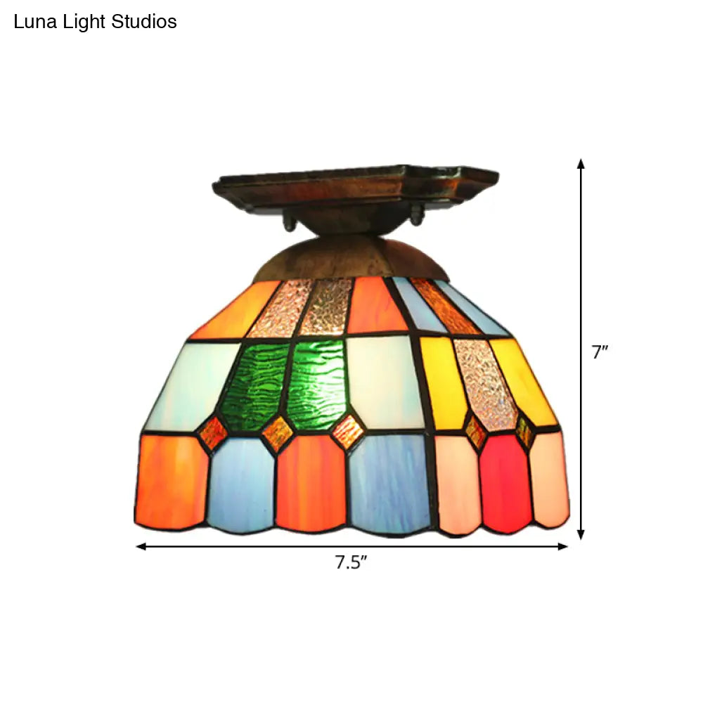DecorBites™ DecorBites™ Tiffany Brass Ceiling Light Fixture with Grid Dome Cut Glass Shade - 1 Bulb Flush Mount for Corridors