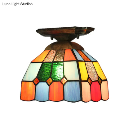 DecorBites™ DecorBites™ Tiffany Brass Ceiling Light Fixture with Grid Dome Cut Glass Shade - 1 Bulb Flush Mount for Corridors