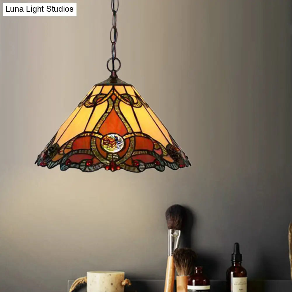 Tiffany Bronze Kitchen Pendant Lamp with Red Stained Glass Shade