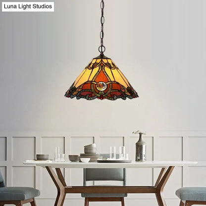 Tiffany Bronze Kitchen Pendant Lamp with Red Stained Glass Shade