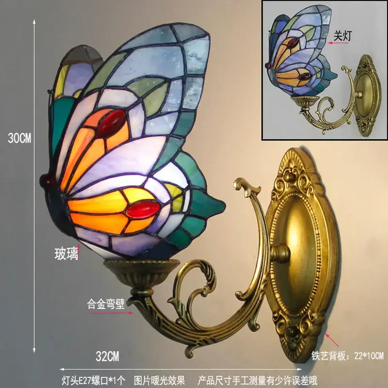 Tiffany butterfly glass sconces brass led wall lamps feature vibrant blue green orange and red stained glass decorbites butterfly glass design