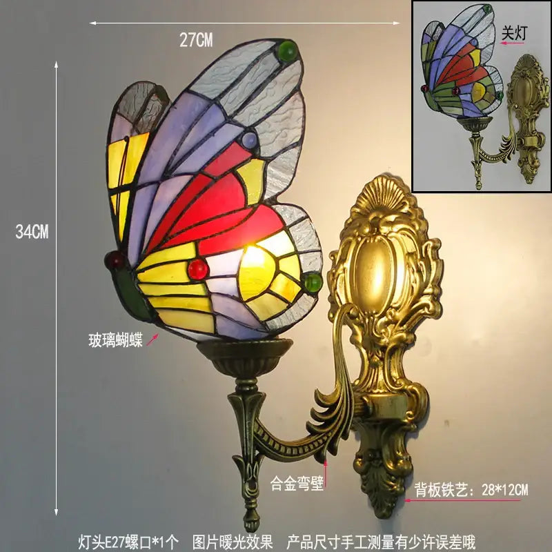 Tiffany butterfly glass sconces brass led wall lamps with vibrant stained glass wings in red yellow purple and blue hues