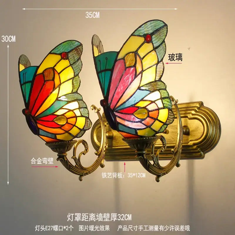 Tiffany butterfly glass sconces wall lamps with colorful stained glass wings and brass metal frame for bedroom decorbites butterfly glass
