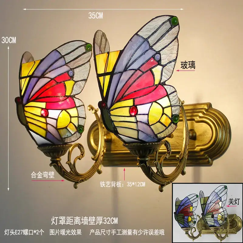 Tiffany butterfly glass sconces with colorful stained glass wings and gold-toned brass frame wall lamps for bedroom decorbites butterfly glass