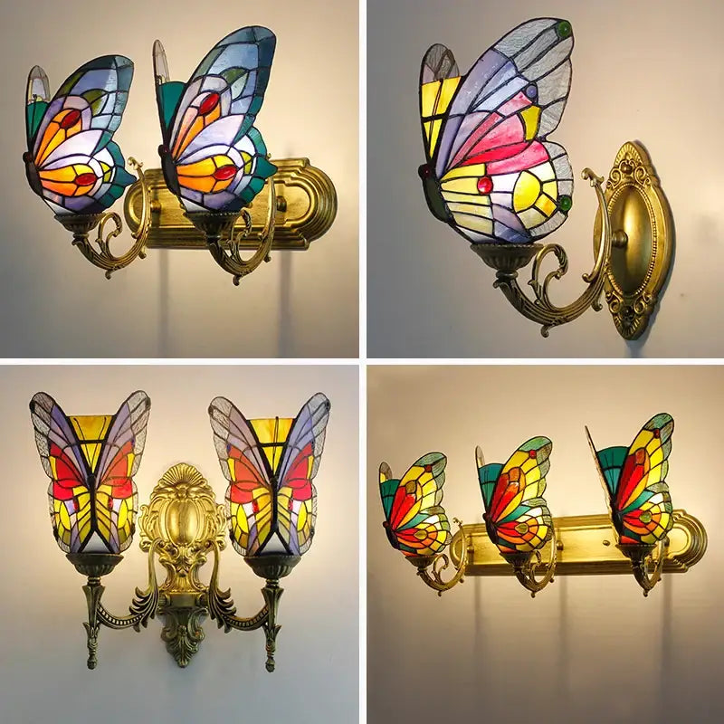 Tiffany butterfly glass sconces with colorful stained glass wings and ornate brass fixtures for bedroom wall lamps decorbites butterfly glass