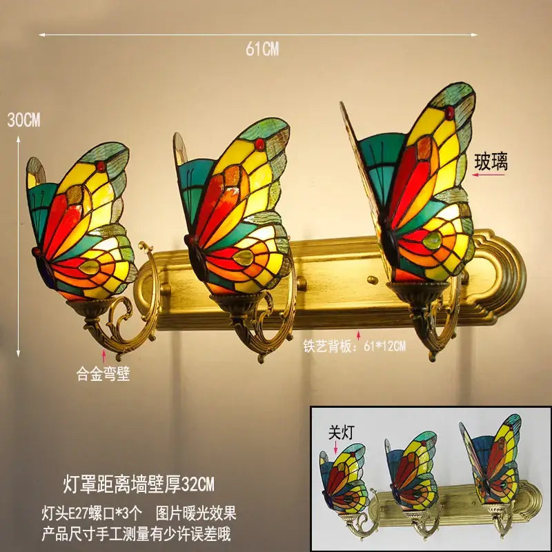 Three colorful tiffany butterfly glass sconces with brass alloy curved arms and backs wall lamps for bedroom decorbites butterfly glass