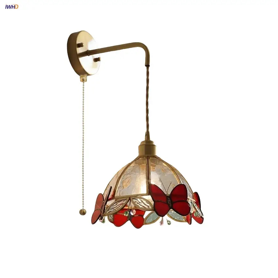Brass wall lamp with stained glass tiffany butterfly glass shade featuring red butterflies and gold leaf decorbites tiffany butterfly