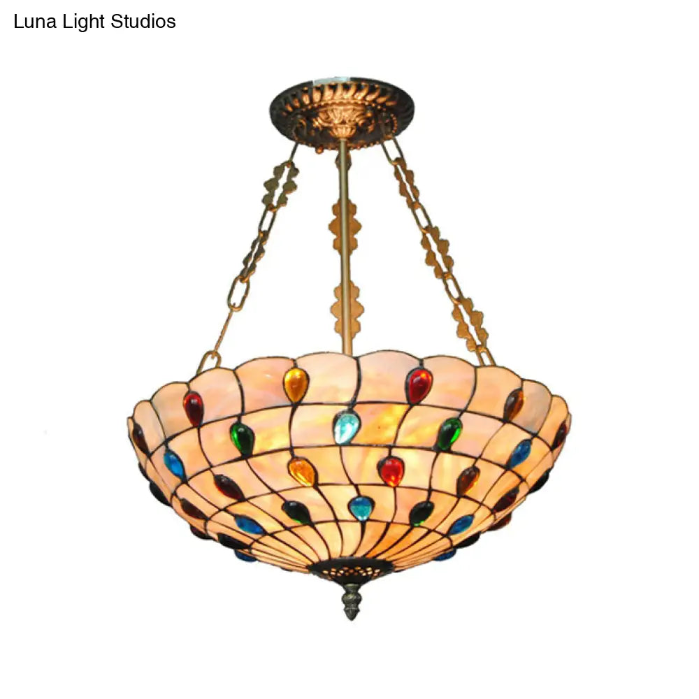 DecorBites™ DecorBites™ Tiffany Ceiling Light with Jeweled Semi Flush Design - 16"/18" Diameter, 3 Lights, Beige with Art Glass Shade and Chain