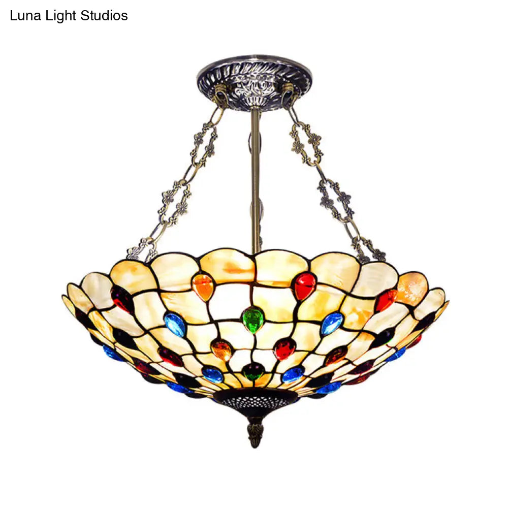 DecorBites™ DecorBites™ Tiffany Ceiling Light with Jeweled Semi Flush Design - 16"/18" Diameter, 3 Lights, Beige with Art Glass Shade and Chain