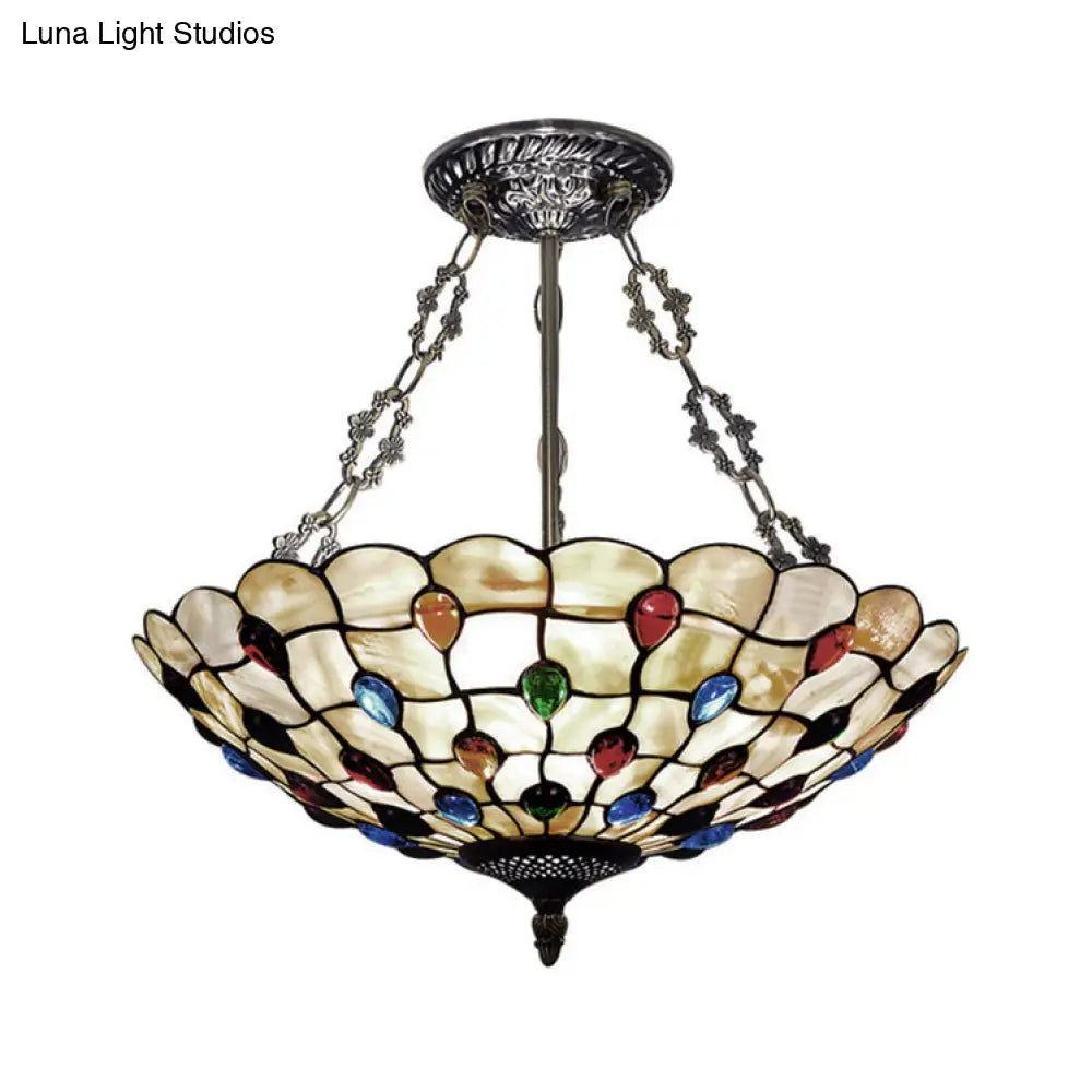 DecorBites™ DecorBites™ Tiffany Ceiling Light with Jeweled Semi Flush Design - 16"/18" Diameter, 3 Lights, Beige with Art Glass Shade and Chain