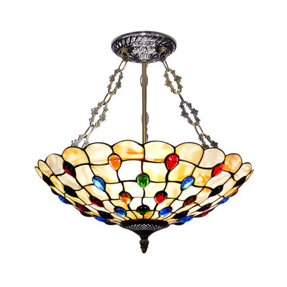 DecorBites™ DecorBites™ Tiffany Ceiling Light with Jeweled Semi Flush Design - 16"/18" Diameter, 3 Lights, Beige with Art Glass Shade and Chain