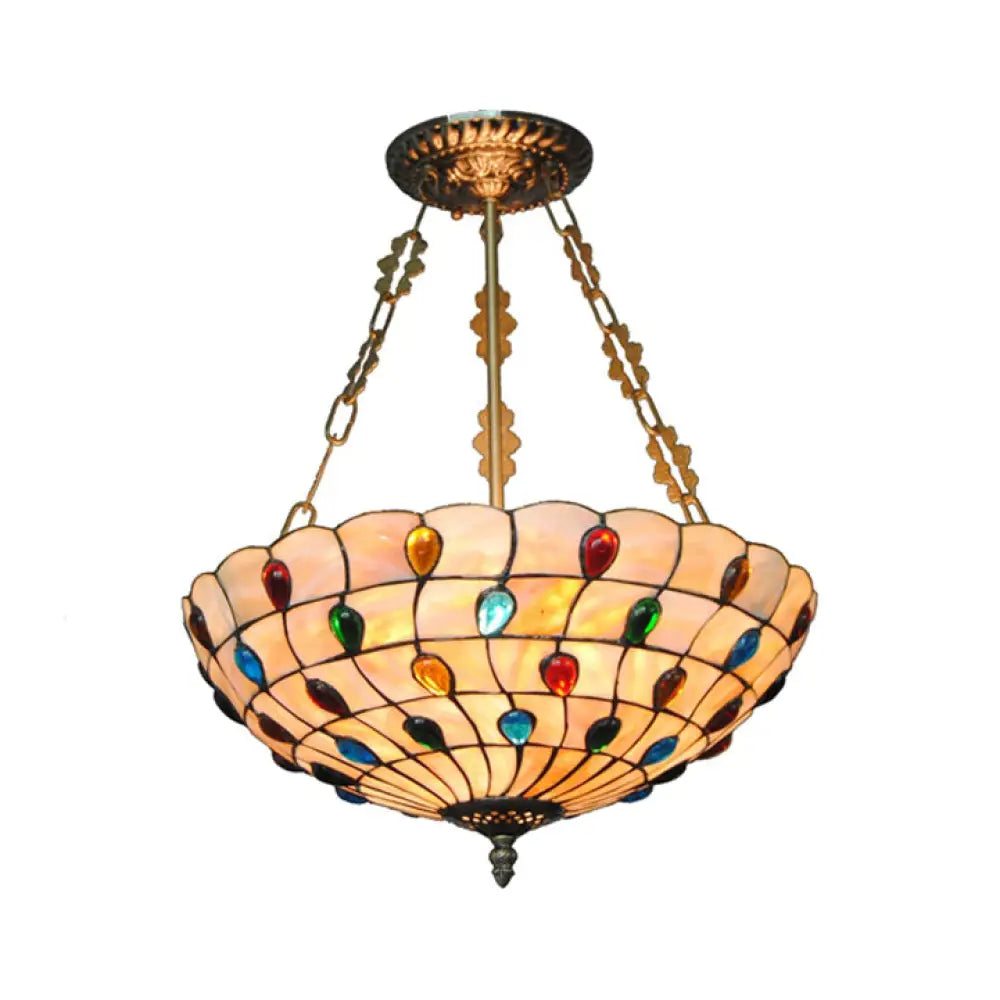 DecorBites™ DecorBites™ Tiffany Ceiling Light with Jeweled Semi Flush Design - 16"/18" Diameter, 3 Lights, Beige with Art Glass Shade and Chain