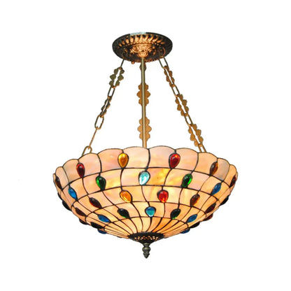 DecorBites™ DecorBites™ Tiffany Ceiling Light with Jeweled Semi Flush Design - 16"/18" Diameter, 3 Lights, Beige with Art Glass Shade and Chain