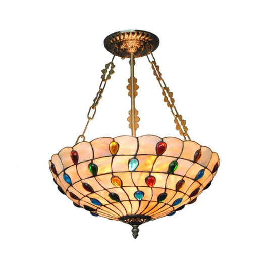 DecorBites™ DecorBites™ Tiffany Ceiling Light with Jeweled Semi Flush Design - 16"/18" Diameter, 3 Lights, Beige with Art Glass Shade and Chain