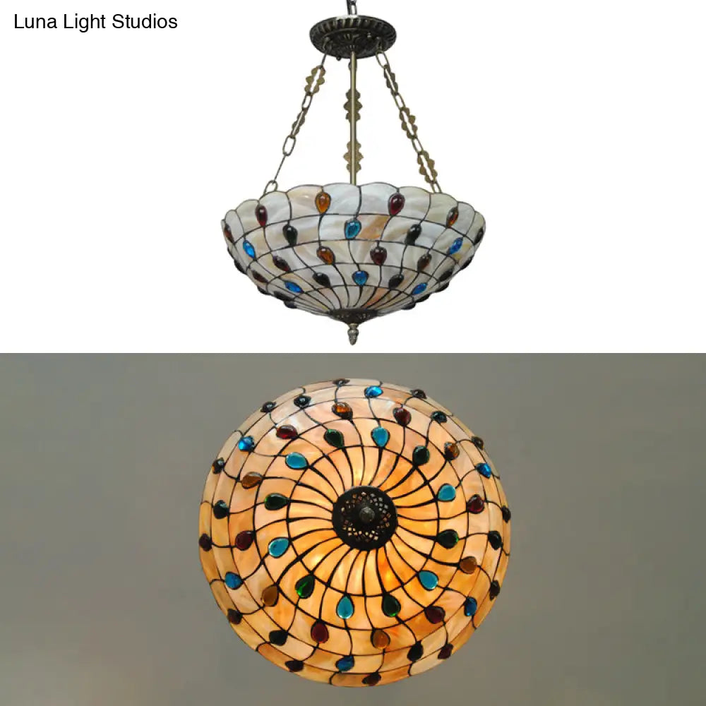 DecorBites™ DecorBites™ Tiffany Ceiling Light with Jeweled Semi Flush Design - 16"/18" Diameter, 3 Lights, Beige with Art Glass Shade and Chain