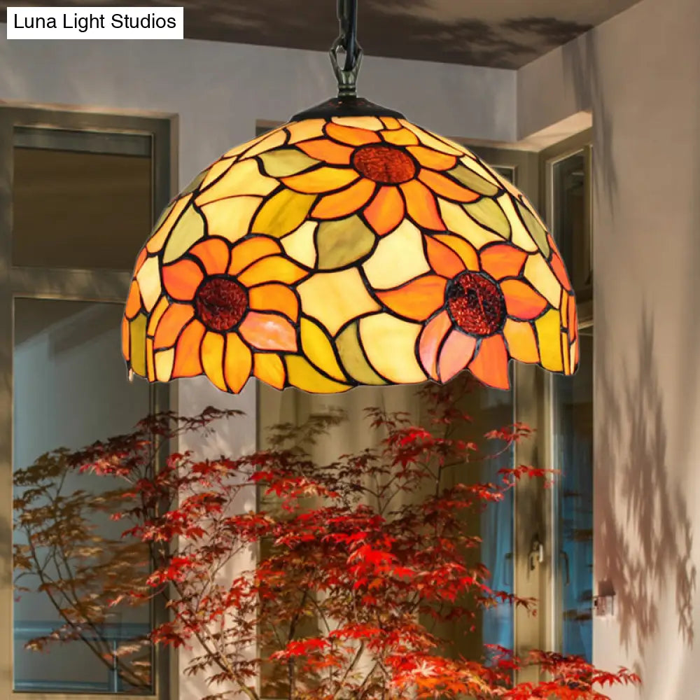 Tiffany Ceiling Pendant Lamp – Sunflower Orange Glass Shade, 1 Bulb, for Living Room Hanging