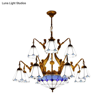 Tiffany Cone Stained Glass Pendant Light - White/Blue Chandelier with 15 Lights