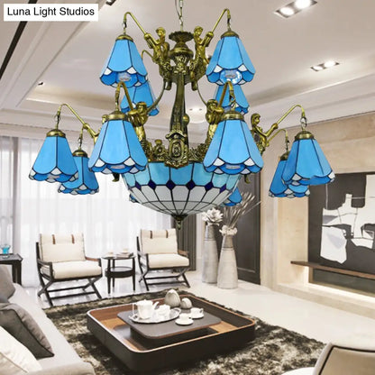 Tiffany Cone Stained Glass Pendant Light - White/Blue Chandelier with 15 Lights
