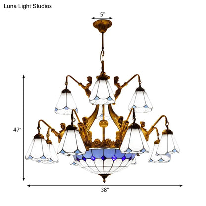 Tiffany Cone Stained Glass Pendant Light - White/Blue Chandelier with 15 Lights