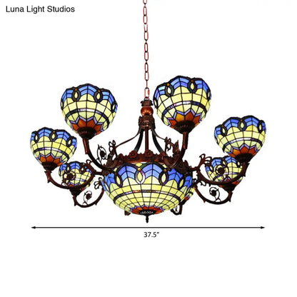Tiffany Copper Finish Chandelier Light with Suspended Bowl Glass Shades & 7/9 Heads in Blue/Yellow