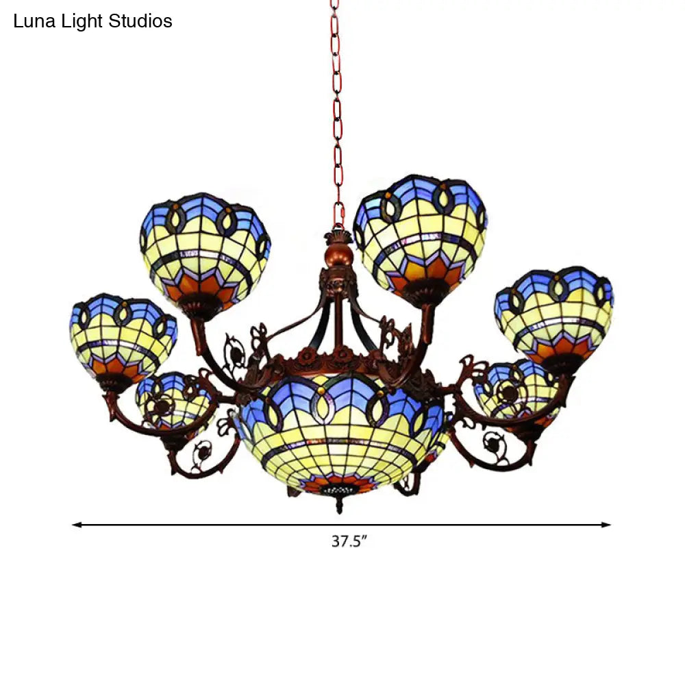 Tiffany Copper Finish Chandelier Light with Suspended Bowl Glass Shades & 7/9 Heads in Blue/Yellow