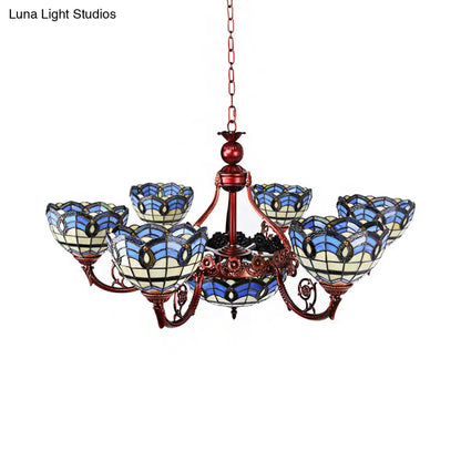 Tiffany Copper Finish Chandelier Light with Suspended Bowl Glass Shades & 7/9 Heads in Blue/Yellow