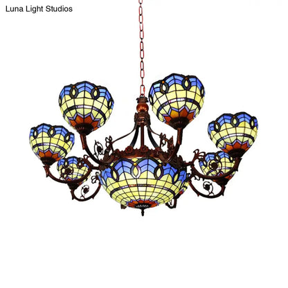 Tiffany Copper Finish Chandelier Light with Suspended Bowl Glass Shades & 7/9 Heads in Blue/Yellow