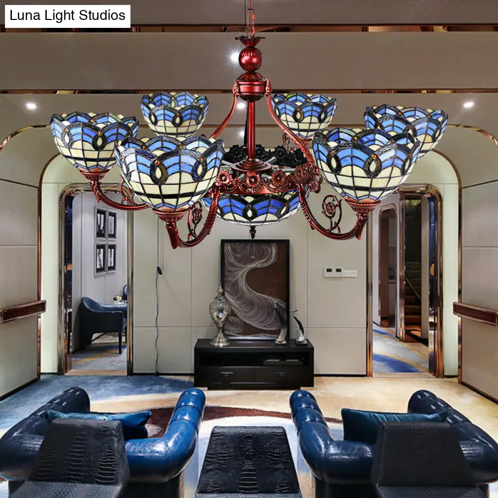 Tiffany Copper Finish Chandelier Light with Suspended Bowl Glass Shades & 7/9 Heads in Blue/Yellow