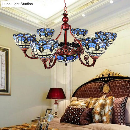 Tiffany Copper Finish Chandelier Light with Suspended Bowl Glass Shades & 7/9 Heads in Blue/Yellow
