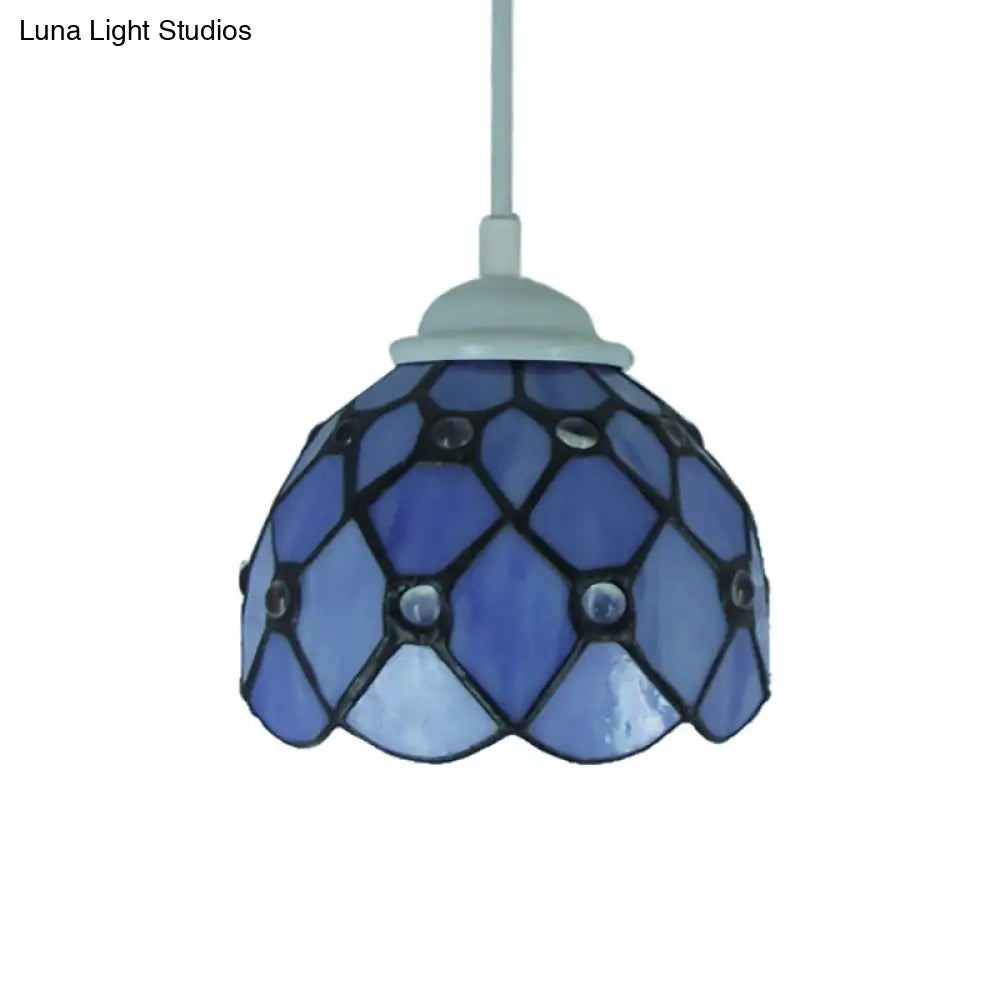 Tiffany Cut Glass Hanging Light Fixture for Bedroom - Beige/Light Blue/Dark Blue