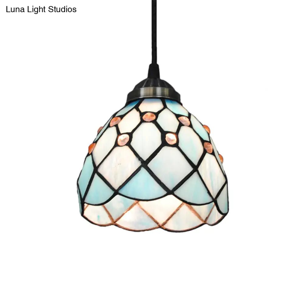 Tiffany Cut Glass Hanging Light Fixture for Bedroom - Beige/Light Blue/Dark Blue