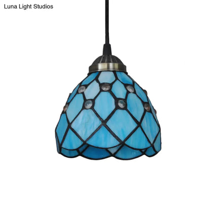 Tiffany Cut Glass Hanging Light Fixture for Bedroom - Beige/Light Blue/Dark Blue