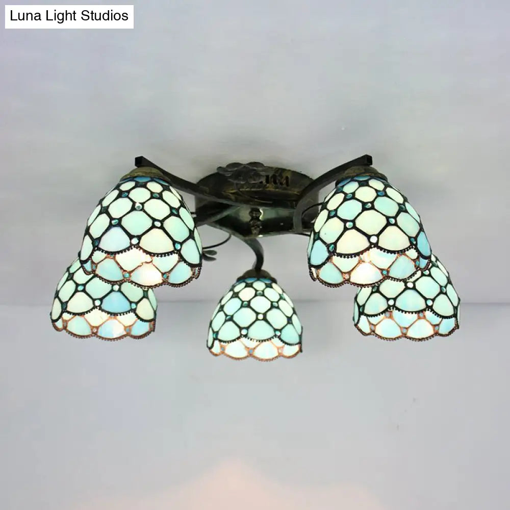 Tiffany Dome Fish Scale Stained Glass Semi Flushmount Light Fixture (5 Lights) - Ideal for Bedrooms