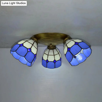 Tiffany Dome Stained Glass Ceiling Fixture with 3 Lights - Flush Mount Light in Colorful Hues, Perfect for Dining Room