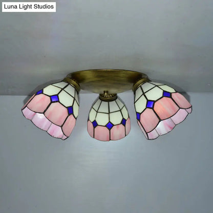 Tiffany Dome Stained Glass Ceiling Fixture with 3 Lights - Flush Mount Light in Colorful Hues, Perfect for Dining Room