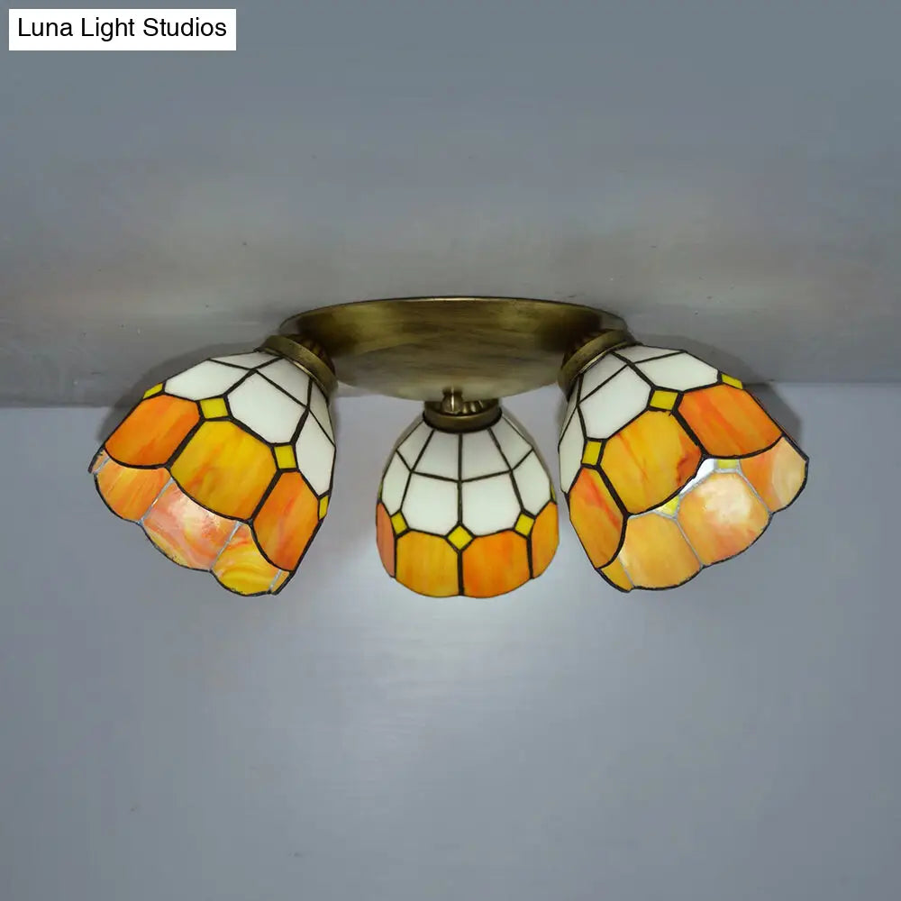 Tiffany Dome Stained Glass Ceiling Fixture with 3 Lights - Flush Mount Light in Colorful Hues, Perfect for Dining Room