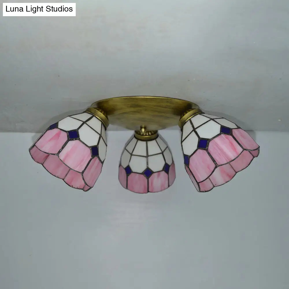 Tiffany Dome Stained Glass Ceiling Fixture with 3 Lights - Flush Mount Light in Colorful Hues, Perfect for Dining Room