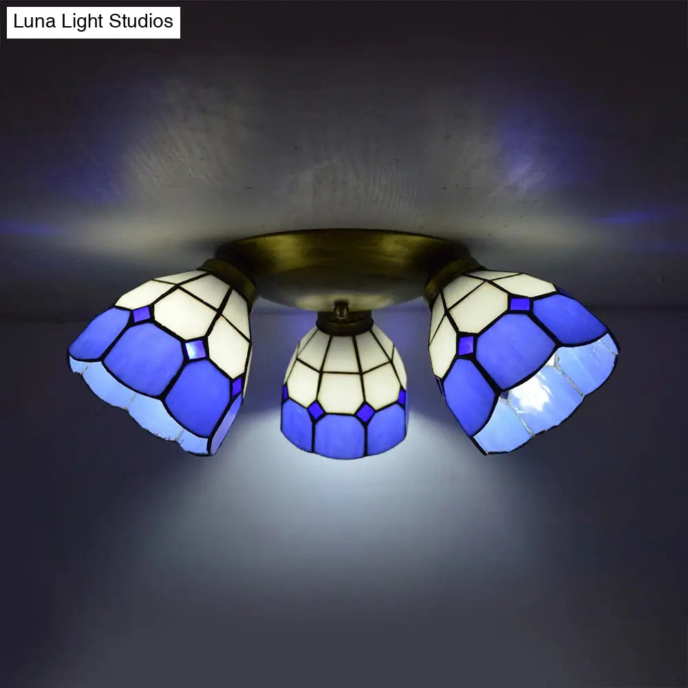 Tiffany Dome Stained Glass Ceiling Fixture with 3 Lights - Flush Mount Light in Colorful Hues, Perfect for Dining Room